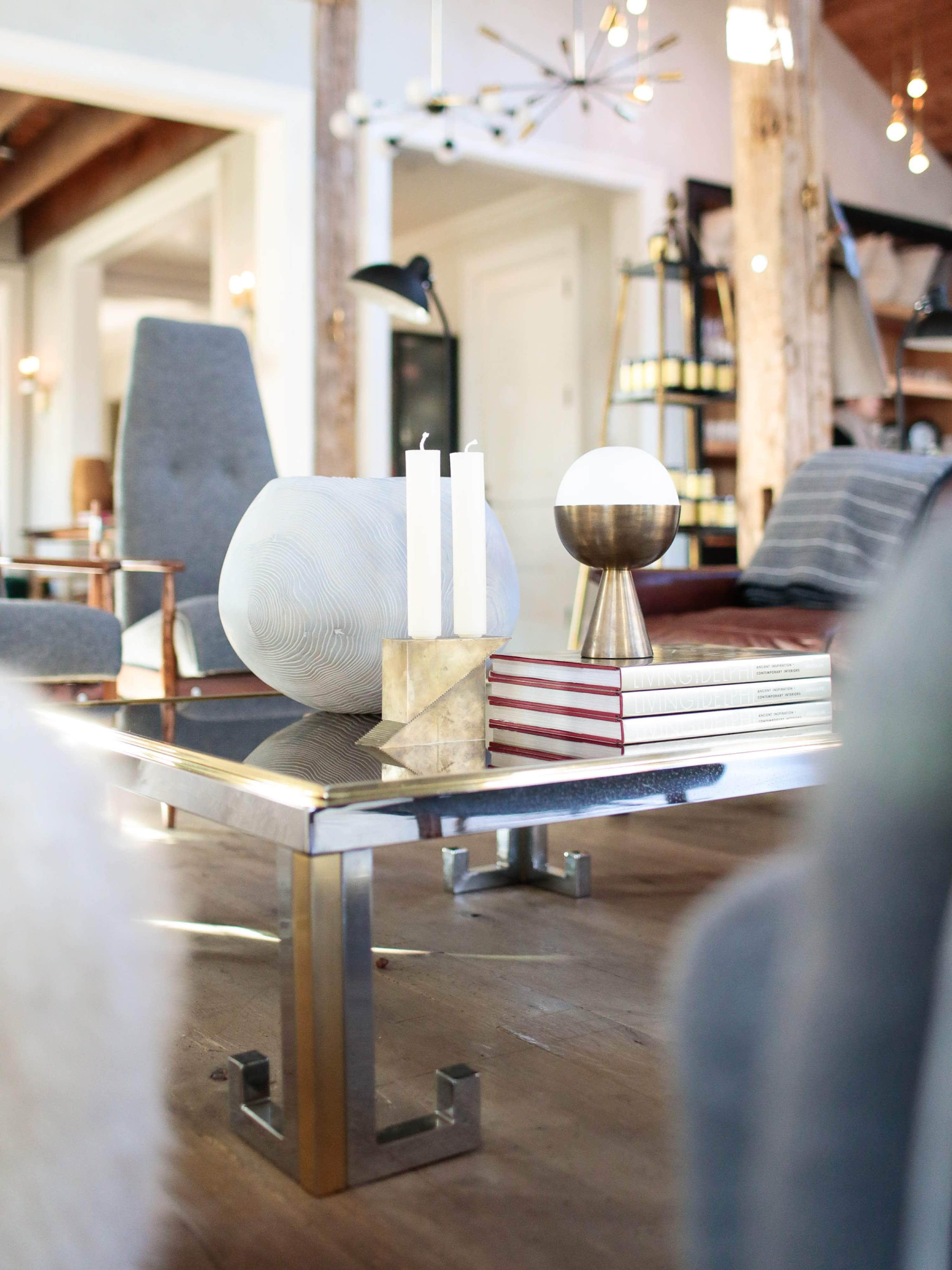 1960s Glass Coffee Table with Chrome and Brass Greek Key Design