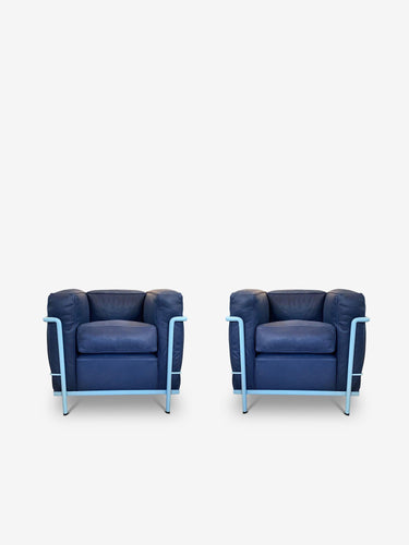 Pair Of iMaestri Le Corbusier 2 Armchair in Blue Leather by Cassina - MONC XIII