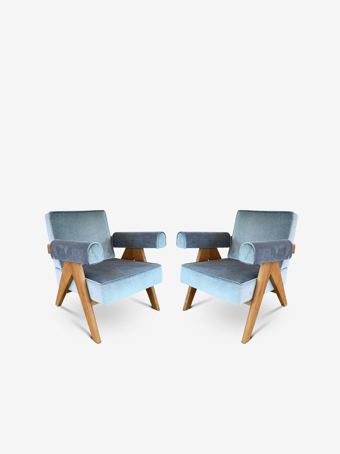 Pair Of Pierre Jeanneret 1960 Capitol Complex Armchair in Teak with Carta di Zucchero Fabric by Cassina